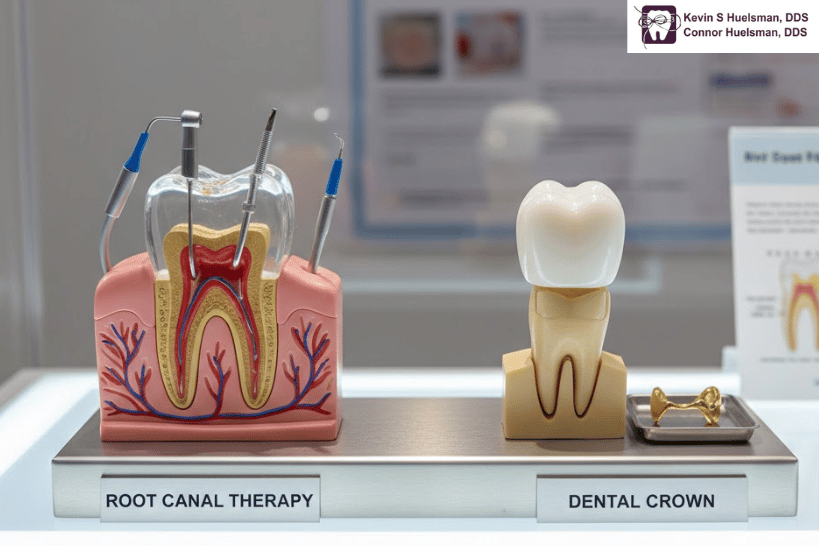 Dental model showing root canal treatment and crown placement in clinic